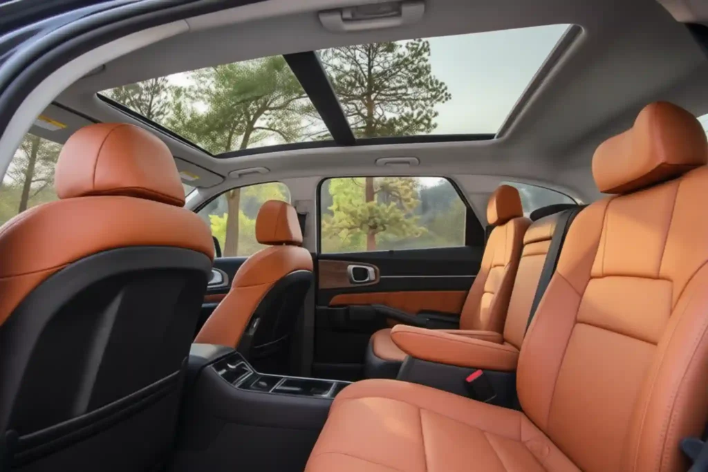 2022 Kia Sorento X Line SX Prestige Second Row Cabin Angle With Panoramic Sunroof and Tan Leather 2022 Kia Sorento X Line SX Prestige Second Row Cabin Angle With Panoramic Sunroof and Tan Leather