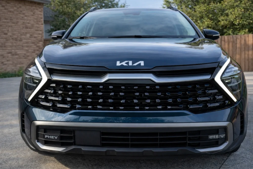 2023 Kia Sportage Plug in Hybrid close up front fascia on driveway with patterned grille 2023 Kia Sportage Plug in Hybrid close up front fascia on driveway with patterned grille