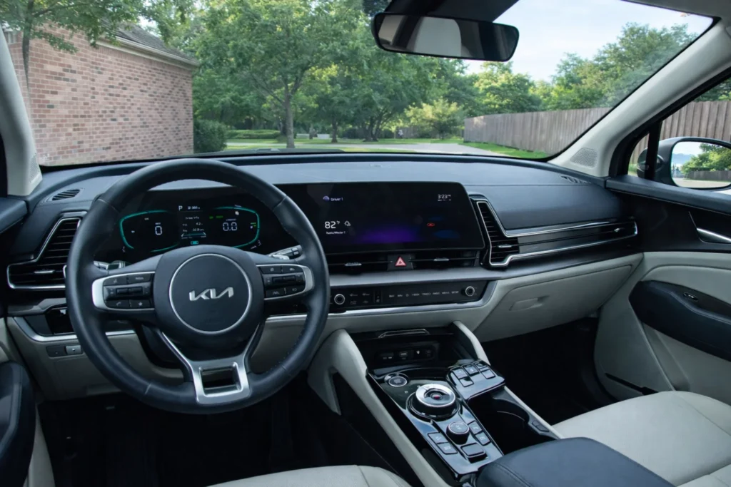 2023 Kia Sportage Plug in Hybrid driver cockpit wide angle parked in driveway with dual screen dashboard 2023 Kia Sportage Plug in Hybrid driver cockpit wide angle parked in driveway with dual screen dashboard
