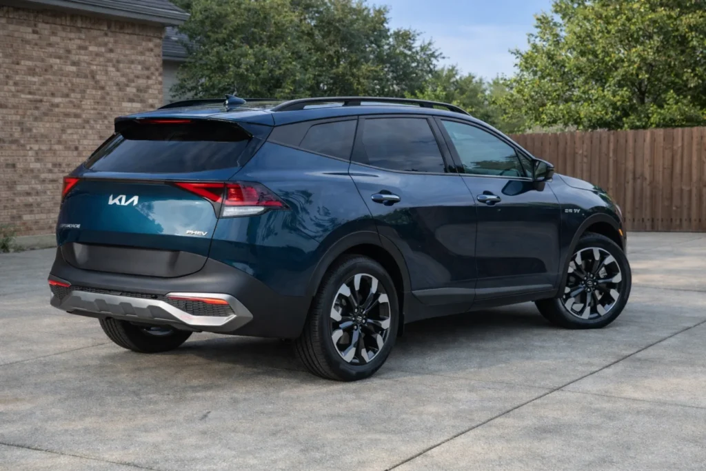 2023 Kia Sportage Plug in Hybrid rear left three quarter on driveway highlighting taillights and spoiler 2023 Kia Sportage Plug in Hybrid rear left three quarter on driveway highlighting taillights and spoiler