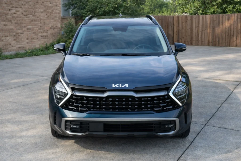 2023 Kia Sportage Plug in Hybrid straight on front view on driveway with wide grille 2023 Kia Sportage Plug in Hybrid straight on front view on driveway with wide grille