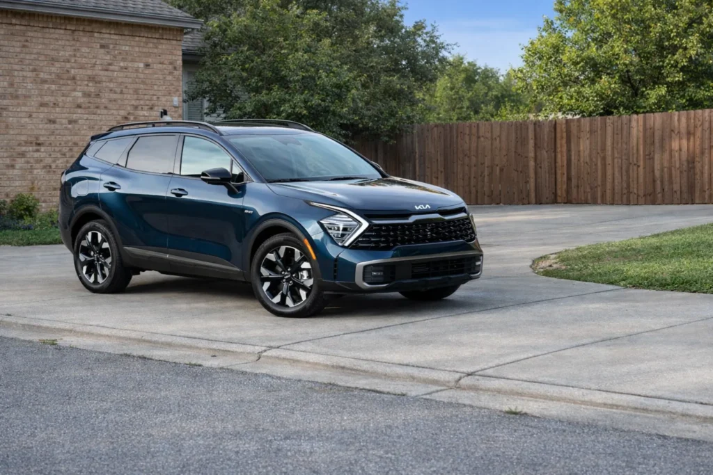 2023 Kia Sportage Plug in Hybrid wide front three quarter parked near brick house and wood fence 2023 Kia Sportage Plug in Hybrid wide front three quarter parked near brick house and wood fence