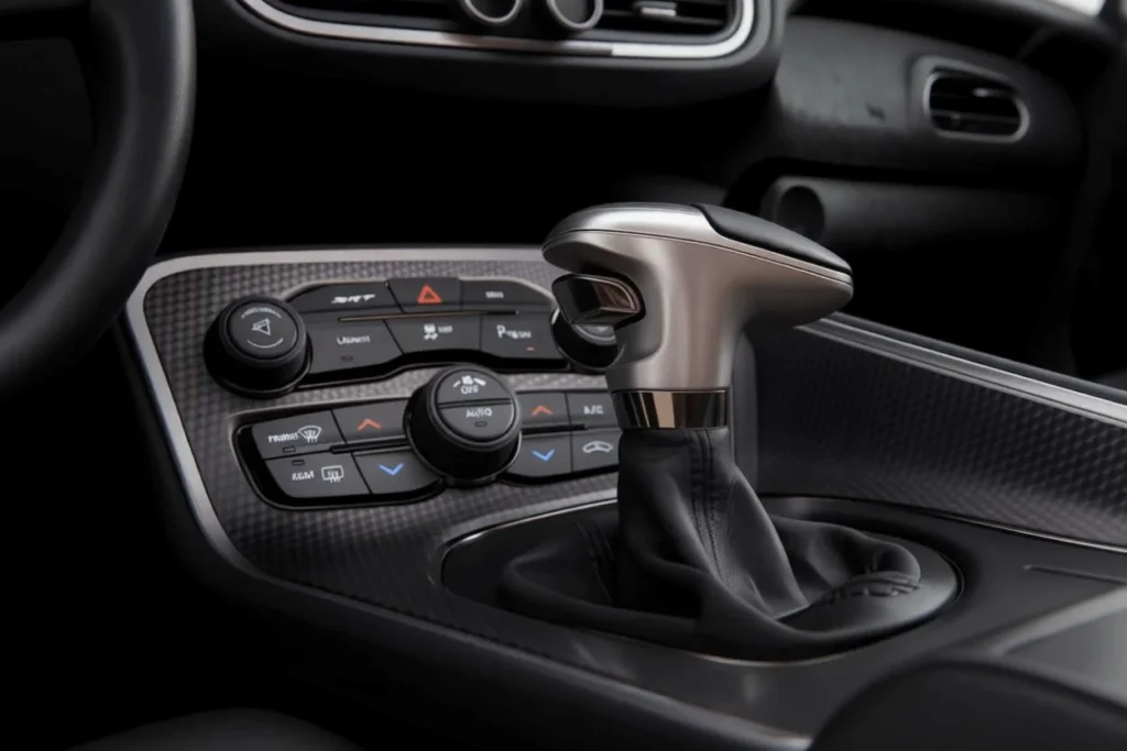 Center console close up of 2015 Dodge Challenger SRT 392 showing automatic shift Center console close up of 2015 Dodge Challenger SRT 392 showing automatic shift