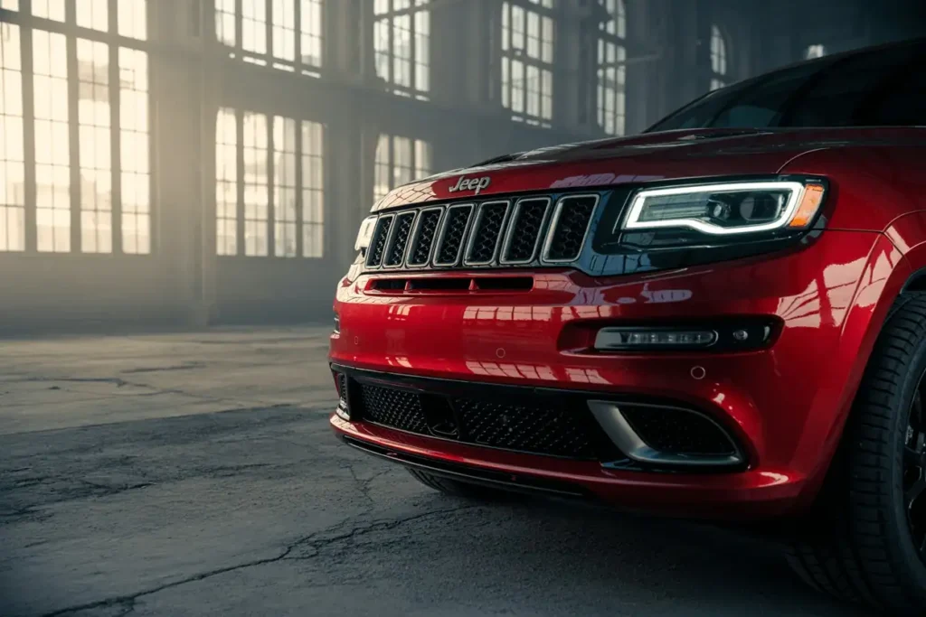 Close front view of 2016 Jeep Grand Cherokee SRT red SUV LED headlights and seven slot grille in warehouse Close front view of 2016 Jeep Grand Cherokee SRT red SUV LED headlights and seven slot grille in warehouse