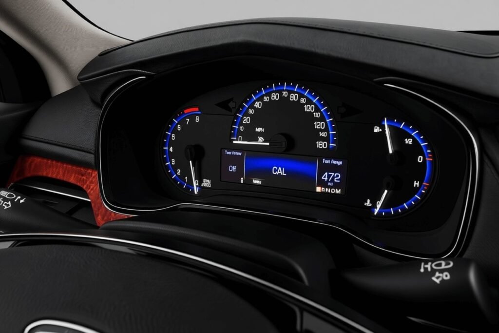 Close up angle of 2016 Cadillac CTS instrument cluster blue backlit gauges and digital driver information screen in focus Close up angle of 2016 Cadillac CTS instrument cluster blue backlit gauges and digital driver information screen in focus