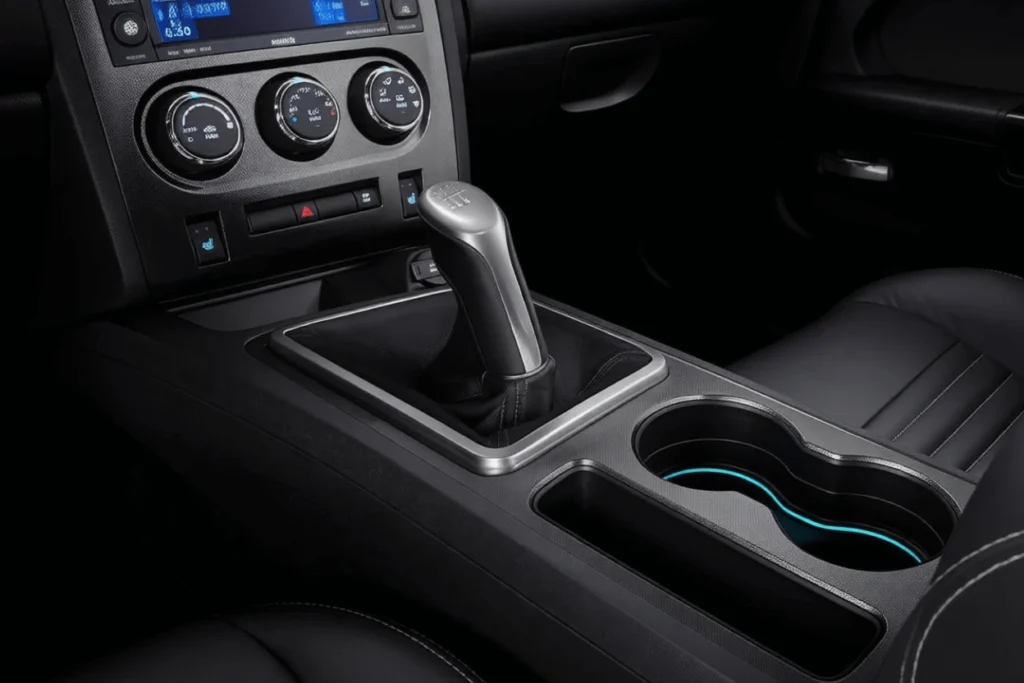Close up center console view in 2013 Dodge Challenger RT Plus highlighting manual gear shifter climate controls and illuminated cupholders Close up center console view in 2013 Dodge Challenger RT Plus highlighting manual gear shifter climate controls and illuminated cupholders