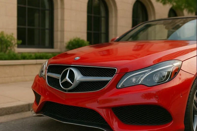Close up front angle of 2015 Mercedes Benz E400 Cabriolet showing mesh star grille LED headlamp glossy red bumper intakes Close up front angle of 2015 Mercedes Benz E400 Cabriolet showing mesh star grille LED headlamp glossy red bumper intakes