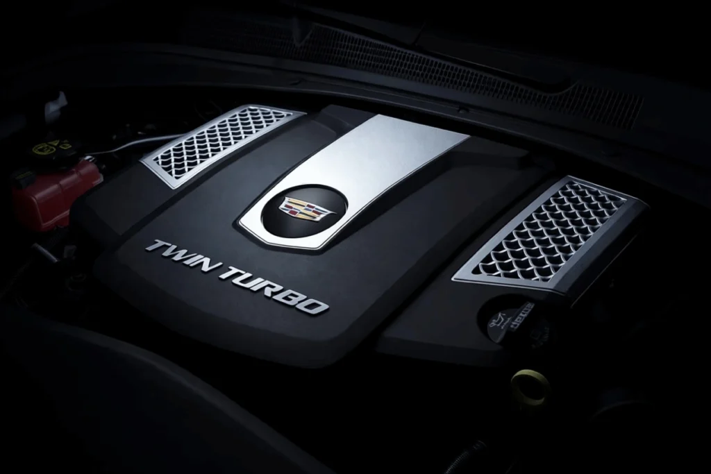 Close up of 2016 Cadillac CTS Vsport twin turbo V6 engine cover emphasizing Cadillac crest and metallic intake accents Close up of 2016 Cadillac CTS Vsport twin turbo V6 engine cover emphasizing Cadillac crest and metallic intake accents