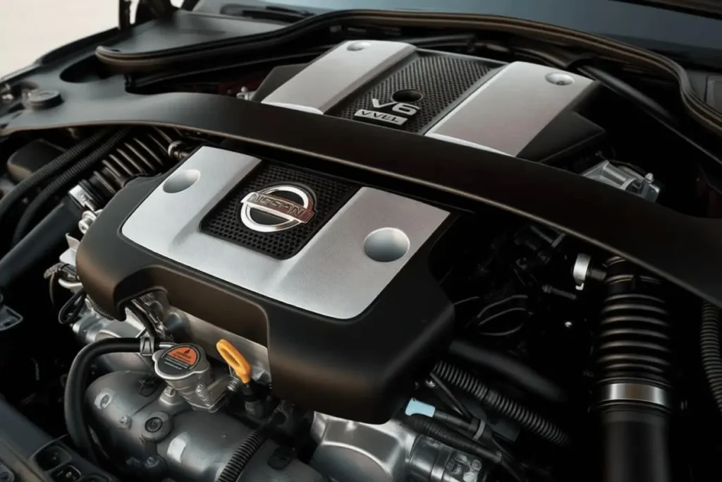 Closeup of 2014 Nissan 370Z Nismo 3.7 liter V6 engine bay silver intake cover strut brace detailed performance components Closeup of 2014 Nissan 370Z Nismo 3.7 liter V6 engine bay silver intake cover strut brace detailed performance components