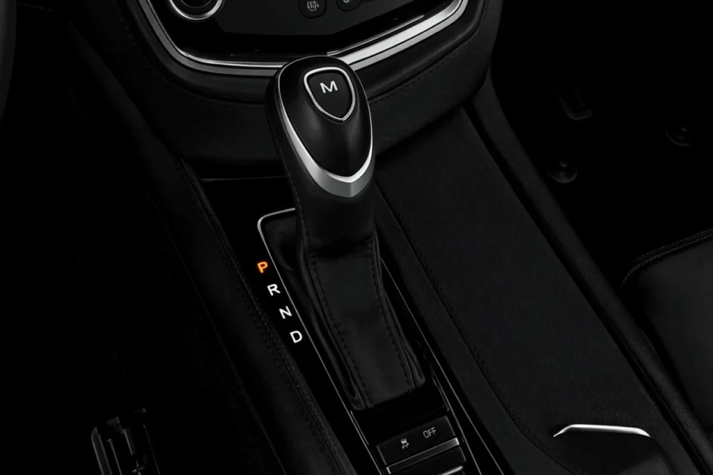 Detail shot of 2016 Cadillac CTS automatic gear shifter black leather center console and illuminated PRND selector in dark cabin Detail shot of 2016 Cadillac CTS automatic gear shifter black leather center console and illuminated PRND selector in dark cabin