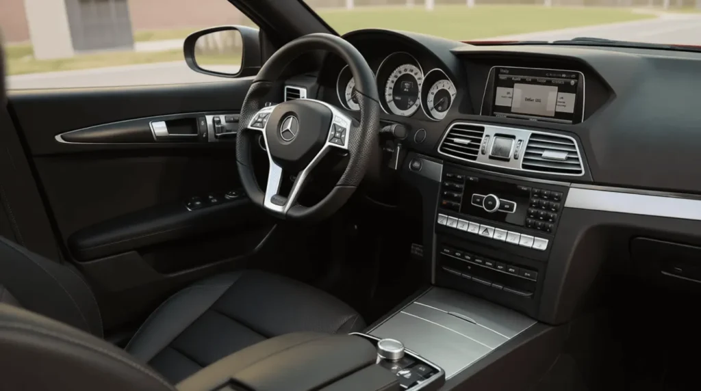 Driver cockpit angle inside 2015 Mercedes Benz E400 Cabriolet black leather cabin COMAND infotainment analog gauges brushed metal trim Driver cockpit angle inside 2015 Mercedes Benz E400 Cabriolet black leather cabin COMAND infotainment analog gauges brushed metal trim