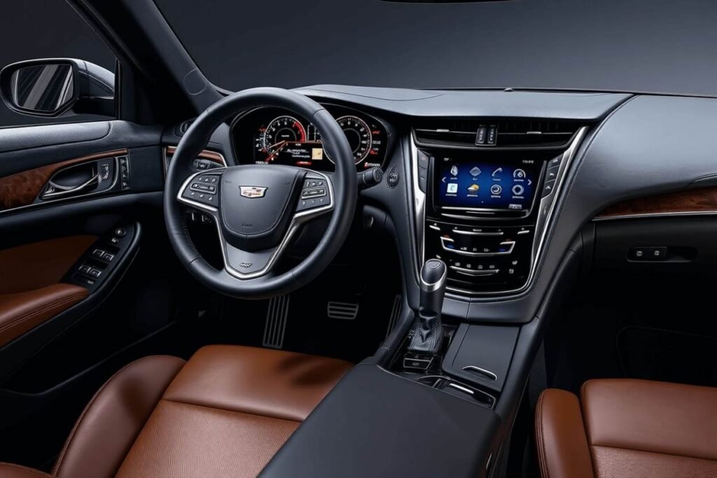 Drivers cockpit view of 2016 Cadillac CTS luxury sedan brown leather seats digital gauges CUE touchscreen and shifter Drivers cockpit view of 2016 Cadillac CTS luxury sedan brown leather seats digital gauges CUE touchscreen and shifter
