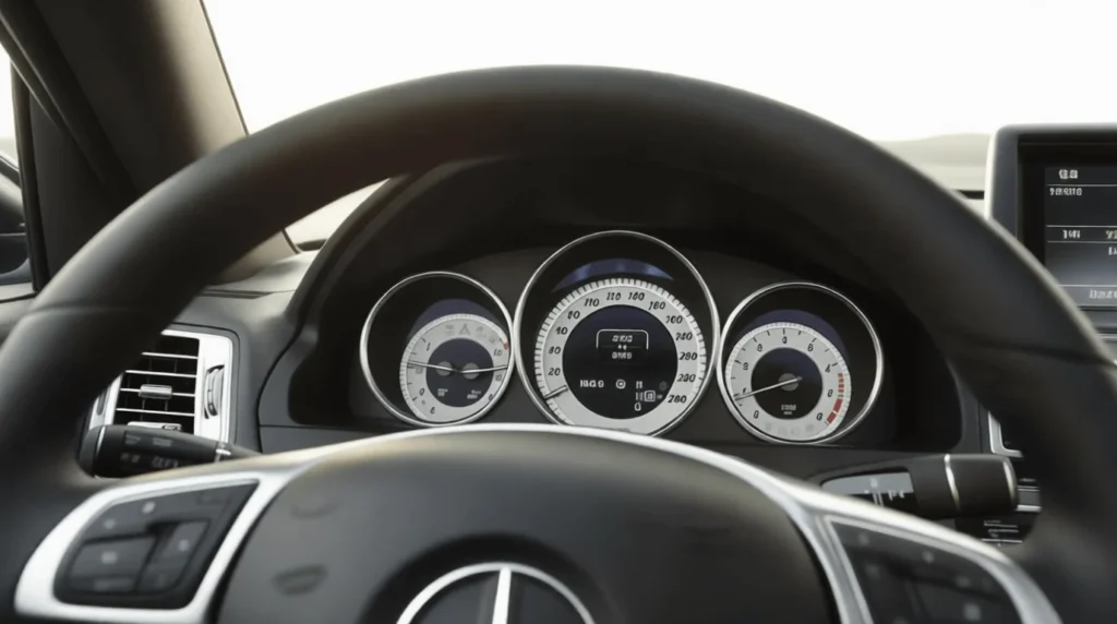 Drivers eye close up of 2015 Mercedes Benz E400 Cabriolet gauge cluster analog speedometer and tachometer steering wheel rim Drivers eye close up of 2015 Mercedes Benz E400 Cabriolet gauge cluster analog speedometer and tachometer steering wheel rim
