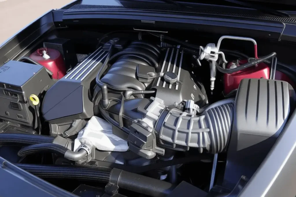 Engine bay close up of 2016 Jeep Grand Cherokee SRT 6.4 liter V8 cover and intake components under open hood Engine bay close up of 2016 Jeep Grand Cherokee SRT 6.4 liter V8 cover and intake components under open hood
