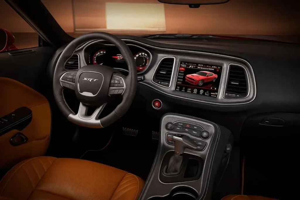 Front cabin view of 2015 Dodge Challenger SRT 392 showing tan leather seats SRT Front cabin view of 2015 Dodge Challenger SRT 392 showing tan leather seats SRT