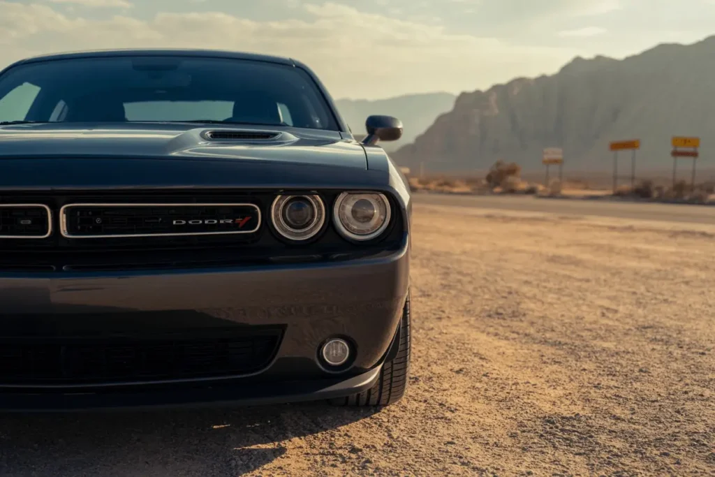 Front close up of 2013 Dodge Challenger RT Plus showing twin halo headlights black grille desert highway background Front close up of 2013 Dodge Challenger RT Plus showing twin halo headlights black grille desert highway background