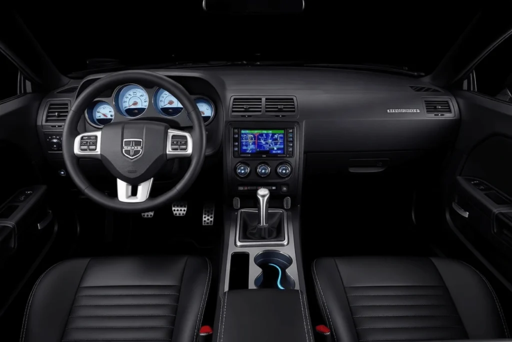 Front interior view of 2013 Dodge Challenger RT Plus in studio lighting leather seats white gauges touchscreen infotainment Front interior view of 2013 Dodge Challenger RT Plus in studio lighting leather seats white gauges touchscreen infotainment