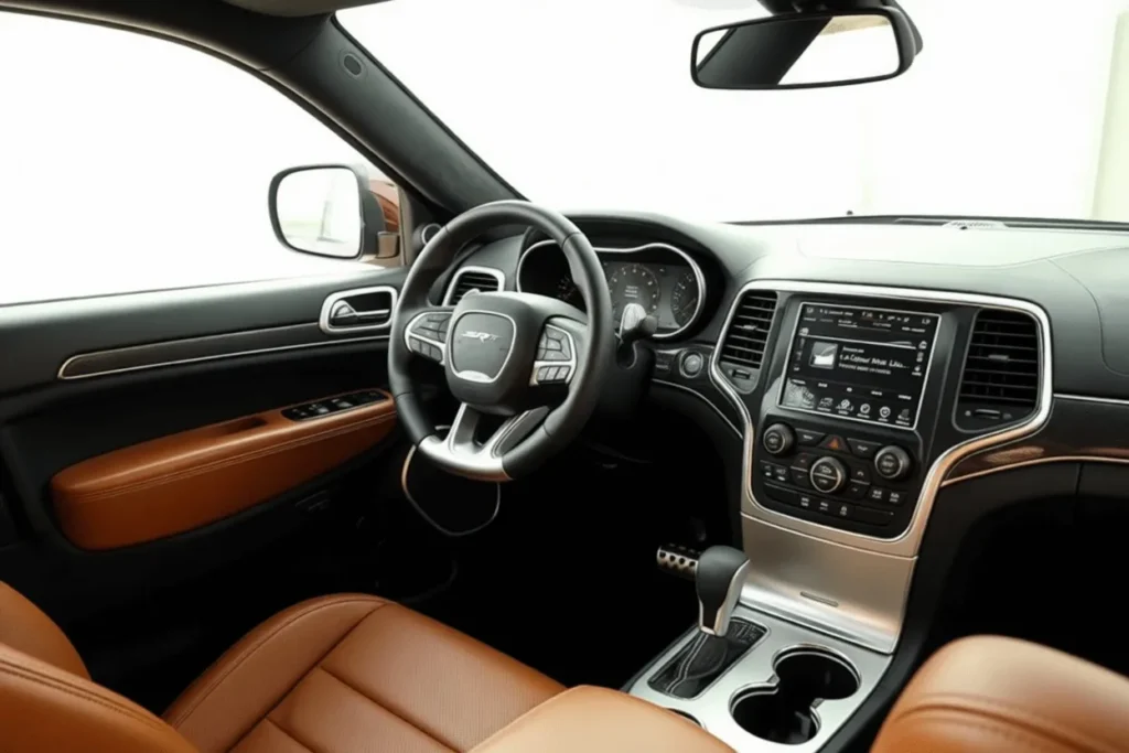 Front interior view of 2016 Jeep Grand Cherokee SRT SRT steering wheel touchscreen infotainment two tone leather dashboard Front interior view of 2016 Jeep Grand Cherokee SRT SRT steering wheel touchscreen infotainment two tone leather dashboard