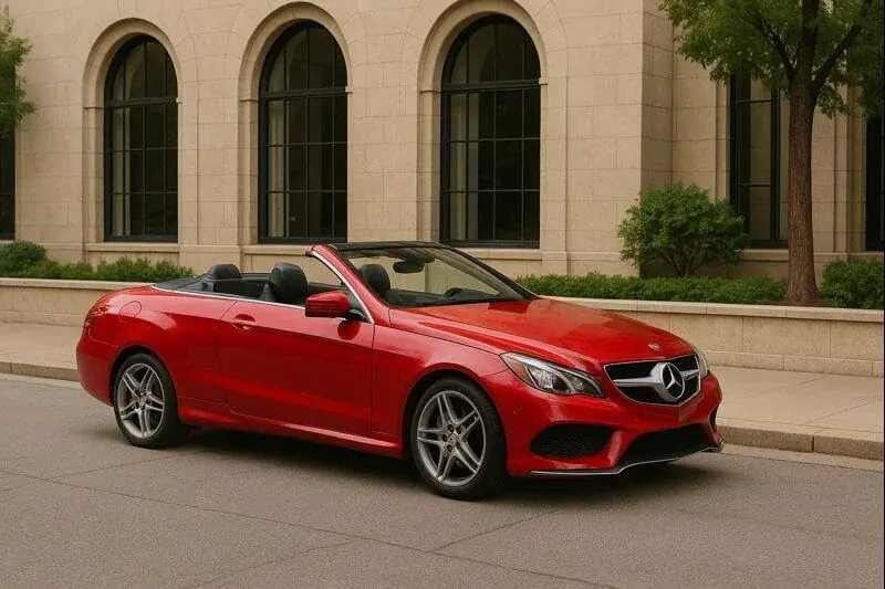 Front left three quarter view of 2015 Mercedes Benz E400 Cabriolet luxury convertible top down five spoke alloys arched window streetscape Front left three quarter view of 2015 Mercedes Benz E400 Cabriolet luxury convertible top down five spoke alloys arched window streetscape