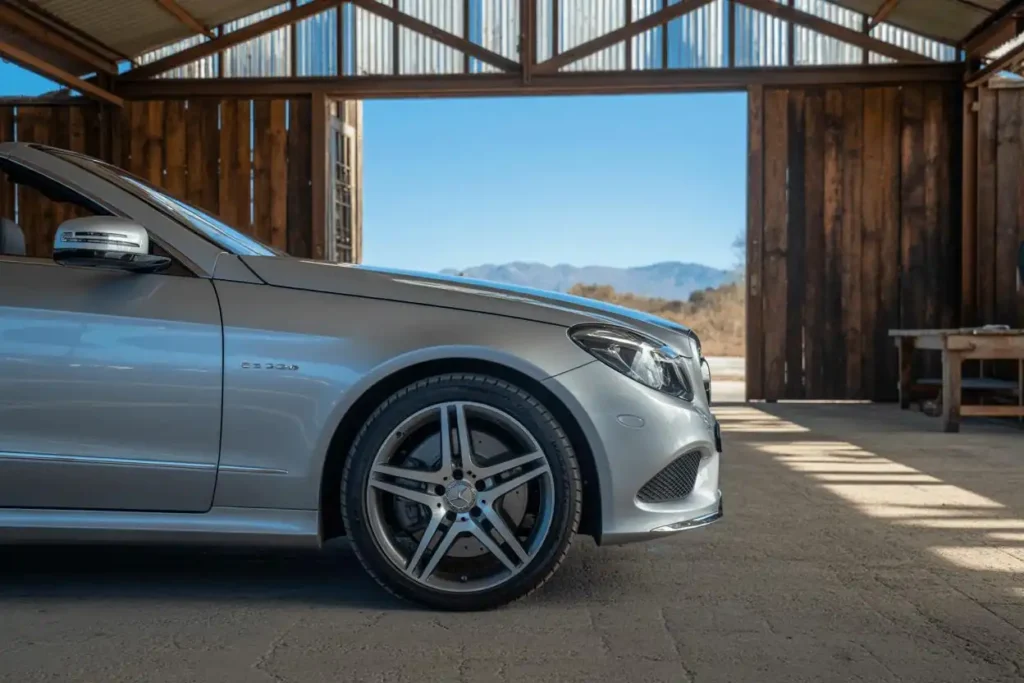 Front quarter close up of 2014 Mercedes Benz E350 Cabriolet showing AMG style alloy wheel curved fender and rustic barn backdrop Front quarter close up of 2014 Mercedes Benz E350 Cabriolet showing AMG style alloy wheel curved fender and rustic barn backdrop