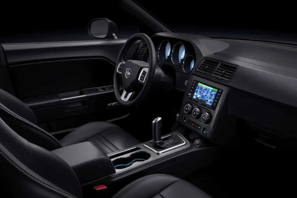 Front three quarter interior angle of 2013 Dodge Challenger RT Plus showing black leather seats navigation screen and sport steering wheel Front three quarter interior angle of 2013 Dodge Challenger RT Plus showing black leather seats navigation screen and sport steering wheel
