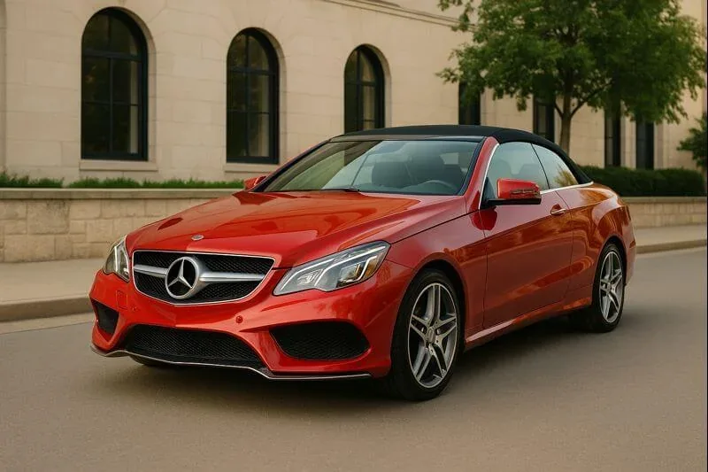 Front three-quarter road view of 2015 Mercedes-Benz E400 Cabriolet with black soft top, LED headlights, sport grille.