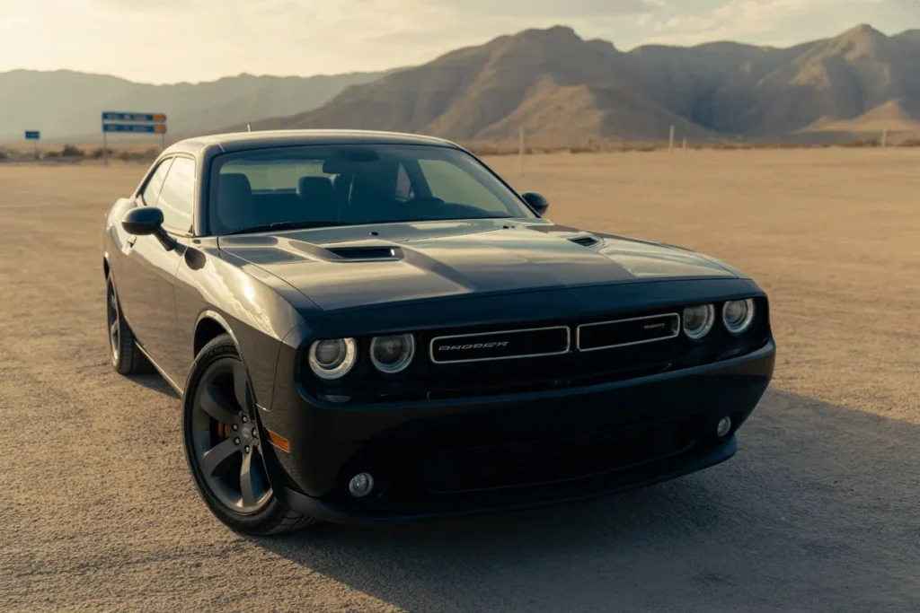 Front three quarter view of 2013 Dodge Challenger RT Plus in warm sunset light aggressive hood scoops and alloy wheels Front three quarter view of 2013 Dodge Challenger RT Plus in warm sunset light aggressive hood scoops and alloy wheels
