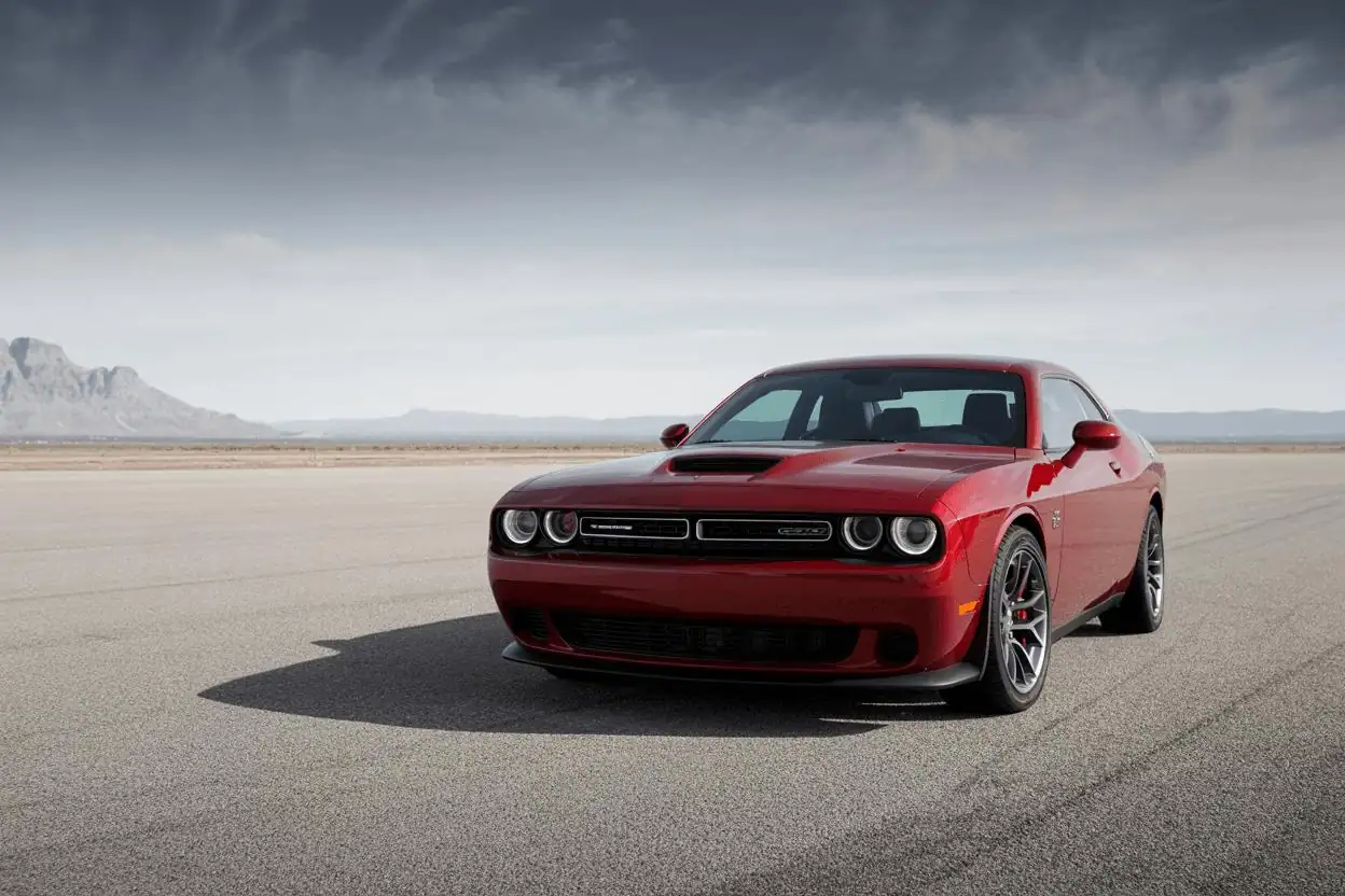 Front three-quarter view of 2015 Dodge Challenger SRT 392 on open runway, highli