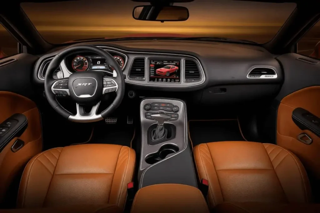Full cabin front view of 2015 Dodge Challenger SRT 392 showing tan leather seats Full cabin front view of 2015 Dodge Challenger SRT 392 showing tan leather seats