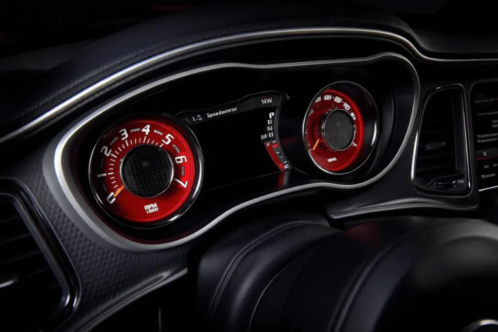 Instrument cluster close up in 2015 Dodge Challenger SRT 392 highlighting red ri Instrument cluster close up in 2015 Dodge Challenger SRT 392 highlighting red ri