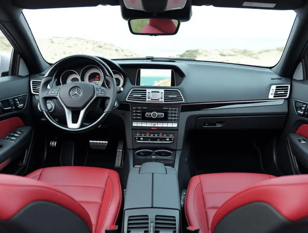 Interior cockpit view of 2014 Mercedes Benz E350 Cabriolet red leather seats multi function steering wheel and COMAND navigation screen visible Interior cockpit view of 2014 Mercedes Benz E350 Cabriolet red leather seats multi function steering wheel and COMAND navigation screen visible