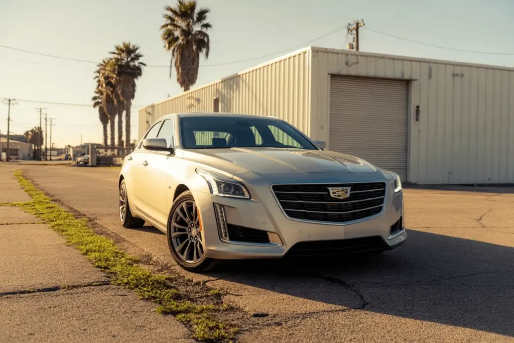 Low front three quarter angle of 2016 Cadillac CTS sedan on cracked asphalt highlighting vertical LED headlights and grille Low front three quarter angle of 2016 Cadillac CTS sedan on cracked asphalt highlighting vertical LED headlights and grille