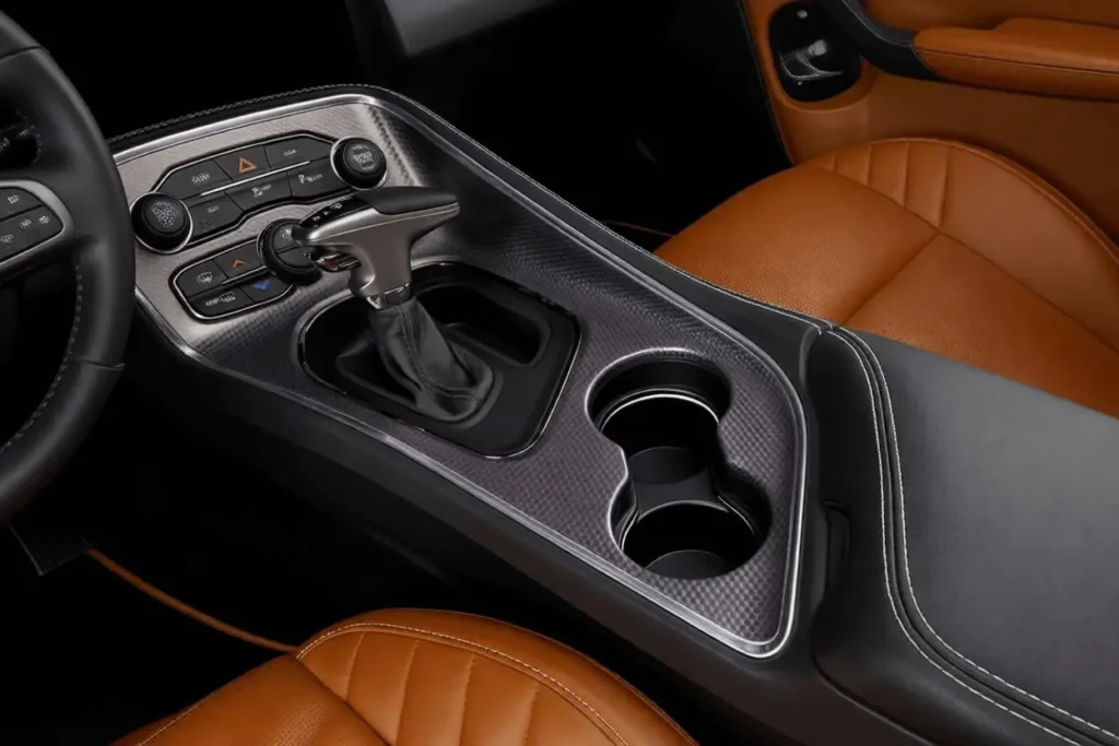 Overhead angle of 2015 Dodge Challenger SRT 392 center console with cupholders Overhead angle of 2015 Dodge Challenger SRT 392 center console with cupholders