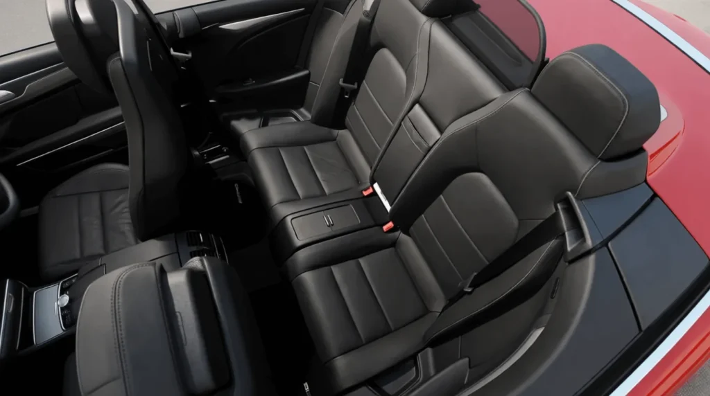 Overhead rear seat view inside 2015 Mercedes Benz E400 Cabriolet black leather seating center armrest seatbelts open top cabin Overhead rear seat view inside 2015 Mercedes Benz E400 Cabriolet black leather seating center armrest seatbelts open top cabin