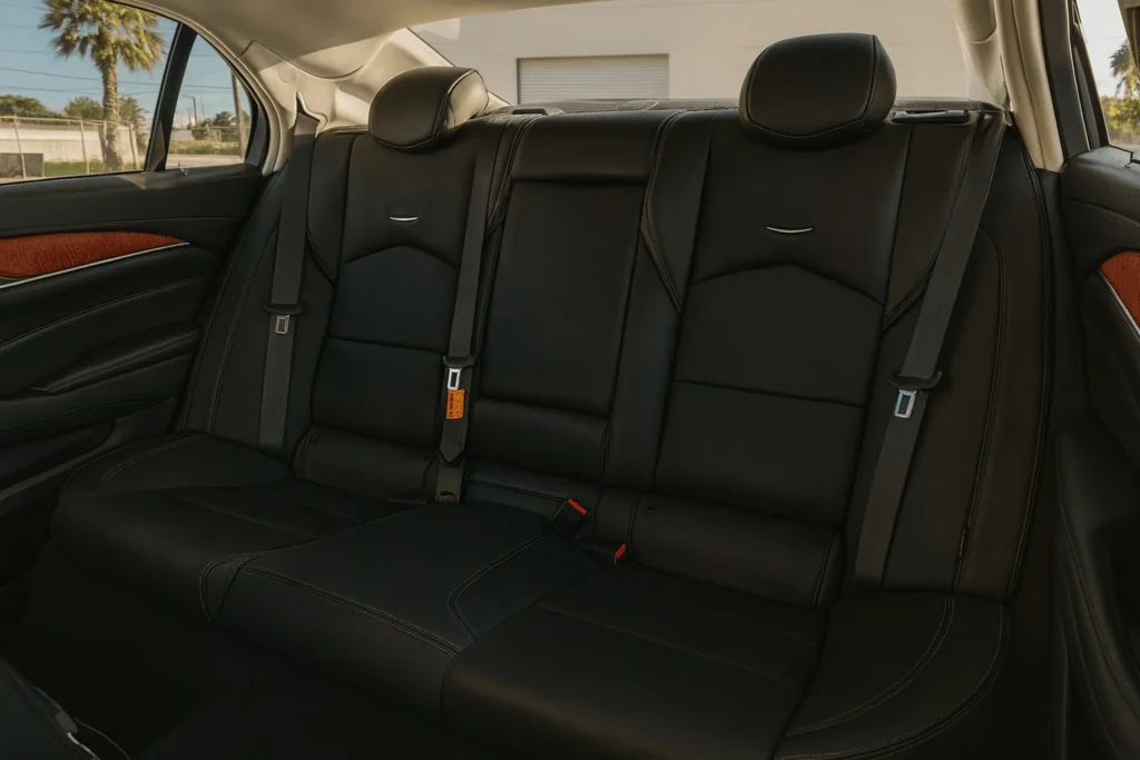 Rear seat view inside 2016 Cadillac CTS black leather bench with stitching seatbelts and wood trim sunlit industrial background outside Rear seat view inside 2016 Cadillac CTS black leather bench with stitching seatbelts and wood trim sunlit industrial background outside