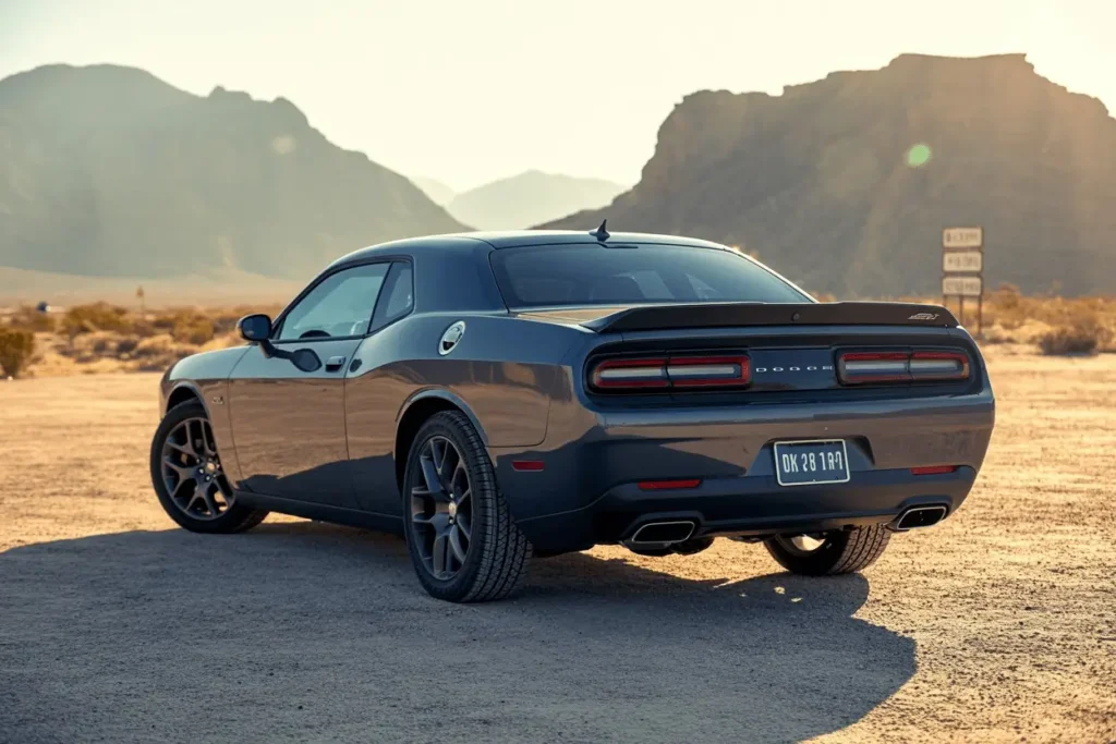 Rear three quarter angle of 2013 Dodge Challenger RT Plus emphasizing sculpted trunk spoiler quad taillights and sandy terrain Rear three quarter angle of 2013 Dodge Challenger RT Plus emphasizing sculpted trunk spoiler quad taillights and sandy terrain