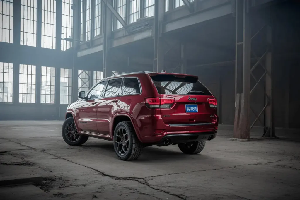 Rear three quarter shot of 2016 Jeep Grand Cherokee SRT in metallic red surrounded by soft blue warehouse haze Rear three quarter shot of 2016 Jeep Grand Cherokee SRT in metallic red surrounded by soft blue warehouse haze