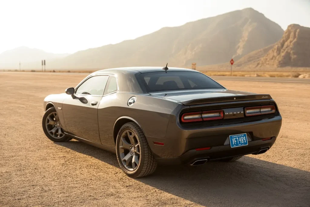 Rear three quarter view of 2013 Dodge Challenger RT Plus parked on gravel highlighting wide rear fenders and performance stance Rear three quarter view of 2013 Dodge Challenger RT Plus parked on gravel highlighting wide rear fenders and performance stance