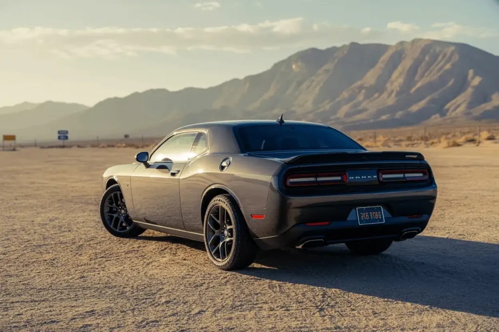 Rear three quarter view of 2013 Dodge Challenger RT Plus showing LED taillight bar dual exhausts mountain desert backdrop Rear three quarter view of 2013 Dodge Challenger RT Plus showing LED taillight bar dual exhausts mountain desert backdrop