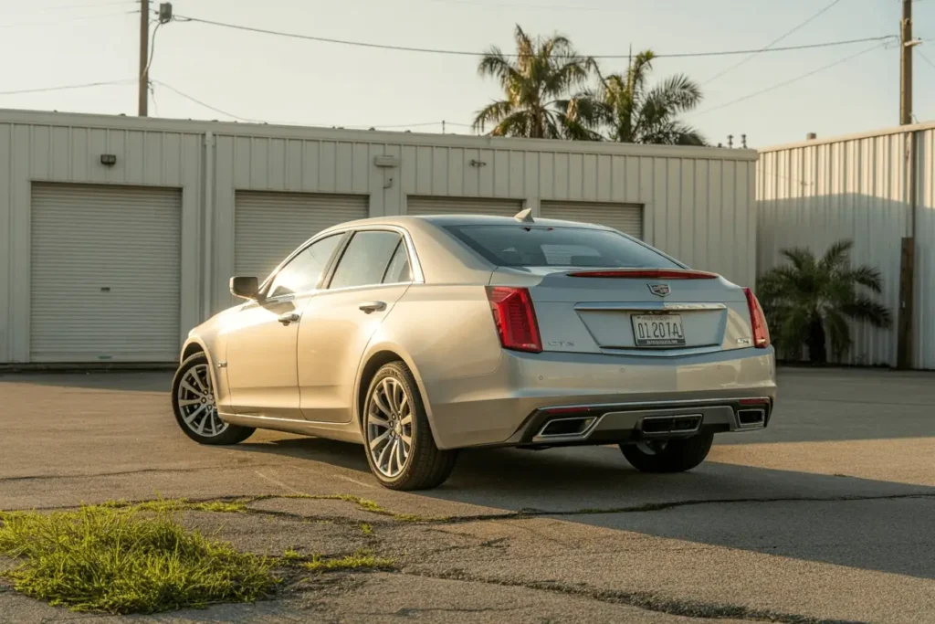 Rear three quarter view of 2016 Cadillac CTS sedan in afternoon sun showcasing chrome exhaust tips and sculpted trunk Rear three quarter view of 2016 Cadillac CTS sedan in afternoon sun showcasing chrome exhaust tips and sculpted trunk
