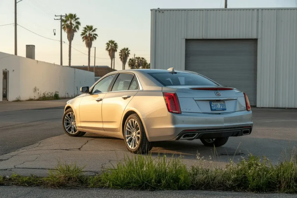 Rear three quarter view of silver 2016 Cadillac CTS sedan parked near warehouse showing LED taillights and alloy wheels Rear three quarter view of silver 2016 Cadillac CTS sedan parked near warehouse showing LED taillights and alloy wheels