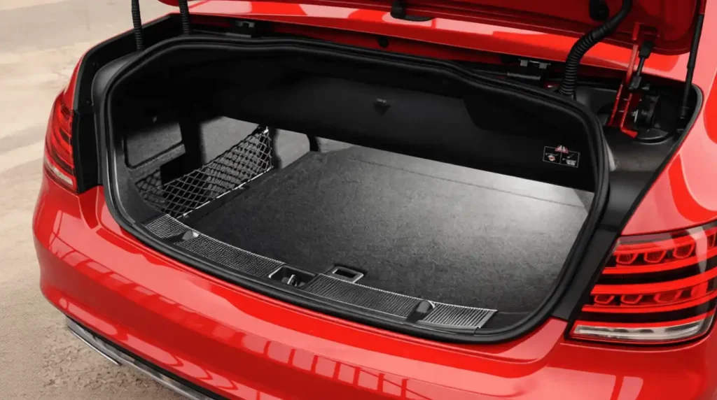 Rear trunk open view of 2015 Mercedes Benz E400 Cabriolet carpeted cargo space net pocket red paint LED taillights Rear trunk open view of 2015 Mercedes Benz E400 Cabriolet carpeted cargo space net pocket red paint LED taillights