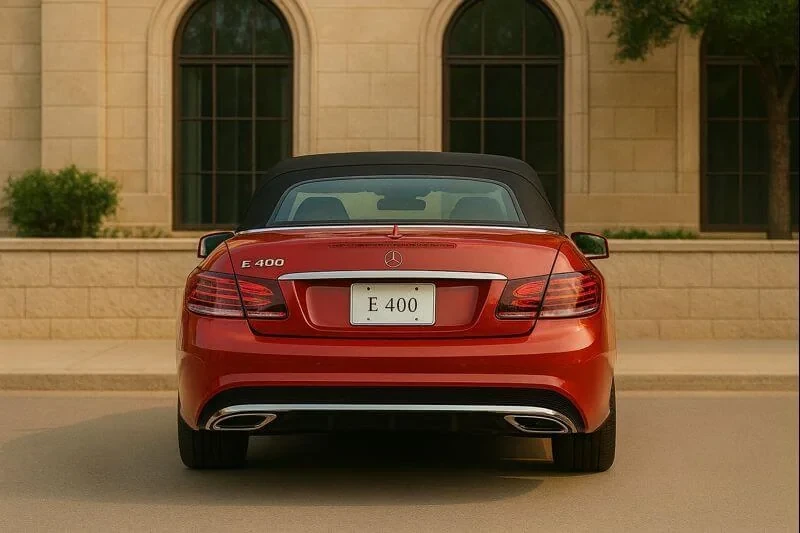 Rear view of 2015 Mercedes Benz E400 Cabriolet luxury convertible in Mars Red black soft top dual exhaust stone arch facade Rear view of 2015 Mercedes Benz E400 Cabriolet luxury convertible in Mars Red black soft top dual exhaust stone arch facade