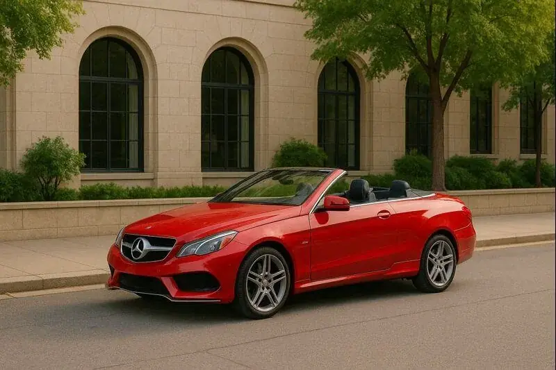 Side profile with front angle of 2015 Mercedes Benz E400 Cabriolet roof down five spoke alloy wheels tree lined stone boulevard Side profile with front angle of 2015 Mercedes Benz E400 Cabriolet roof down five spoke alloy wheels tree lined stone boulevard