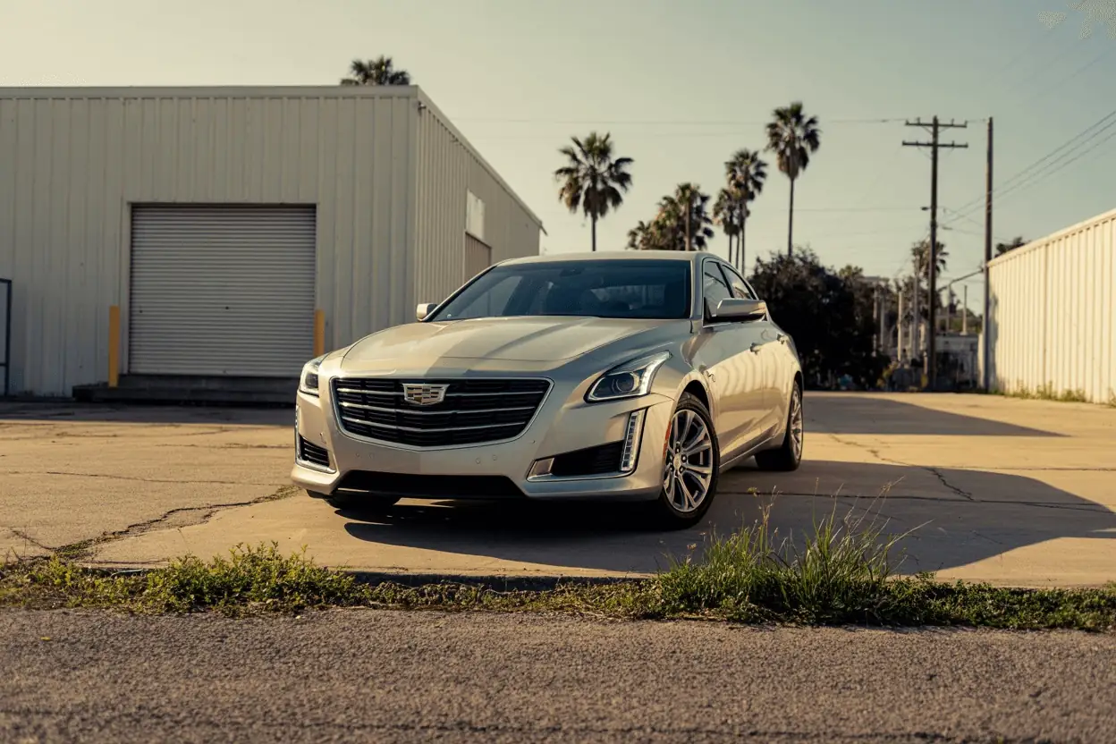 Straight-on front view of 2016 Cadillac CTS sedan in industrial yard, grille and signature vertical LED running lights prominent.