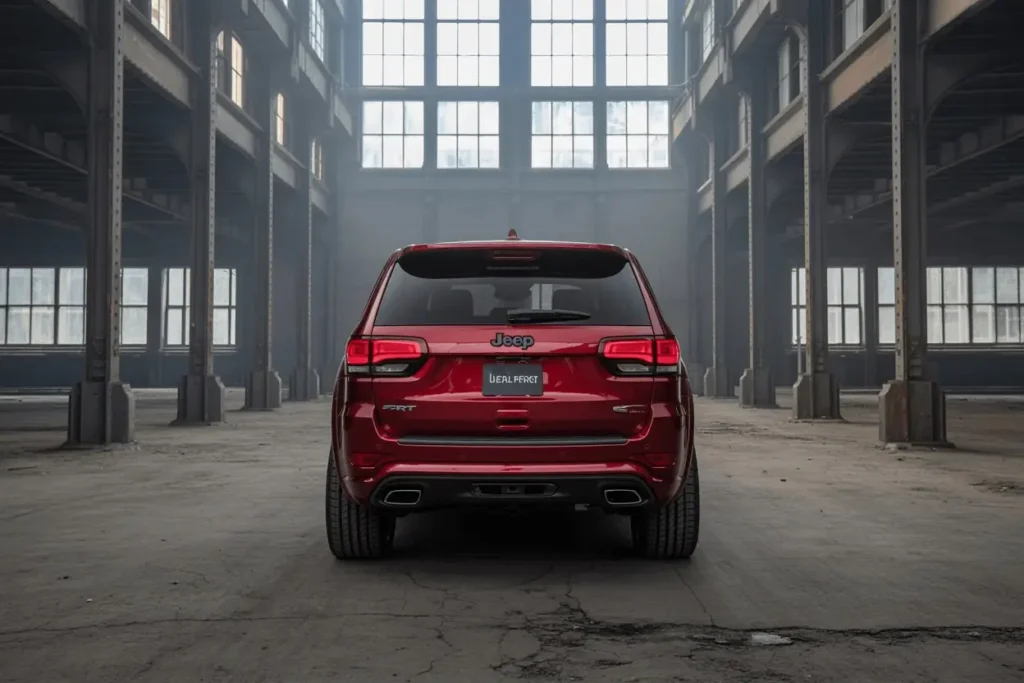 Straight rear view of 2016 Jeep Grand Cherokee SRT red SUV centered in vast empty factory hall Straight rear view of 2016 Jeep Grand Cherokee SRT red SUV centered in vast empty factory hall