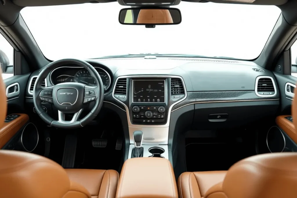 Wide dashboard view of 2016 Jeep Grand Cherokee SRT digital gauges center touchscreen and carbon look trim from rear seats Wide dashboard view of 2016 Jeep Grand Cherokee SRT digital gauges center touchscreen and carbon look trim from rear seats