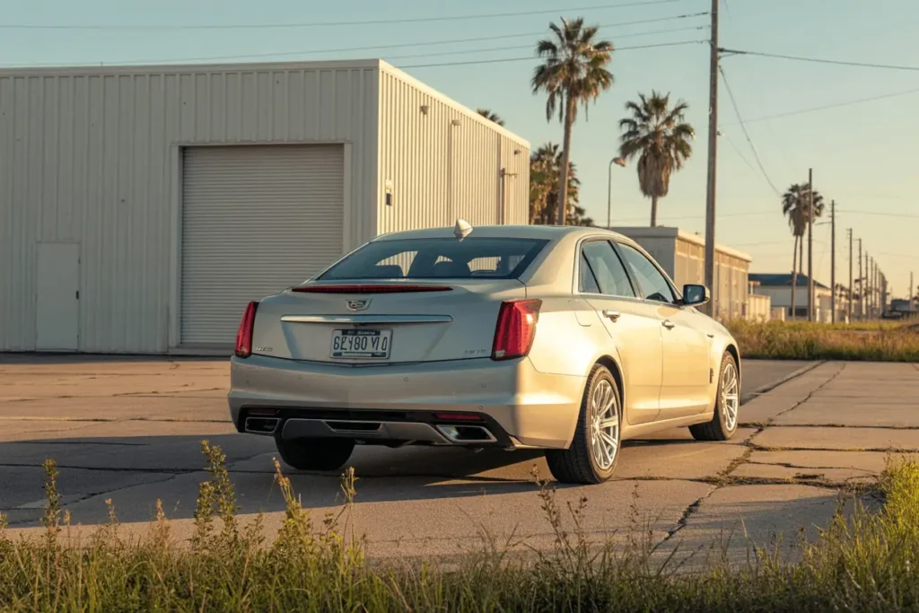 Wide rear three quarter shot of 2016 Cadillac CTS sedan in empty lot dual exhaust and vertical taillights visible Wide rear three quarter shot of 2016 Cadillac CTS sedan in empty lot dual exhaust and vertical taillights visible