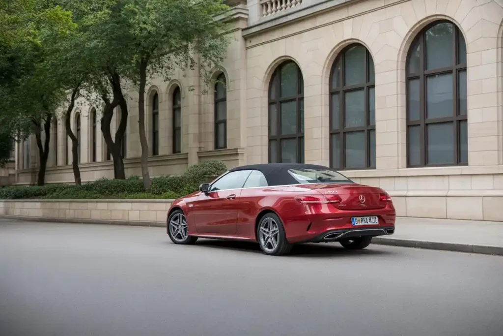 Wide rear three quarter view of 2015 Mercedes Benz E400 Cabriolet parked by arched building black roof silver alloys Wide rear three quarter view of 2015 Mercedes Benz E400 Cabriolet parked by arched building black roof silver alloys