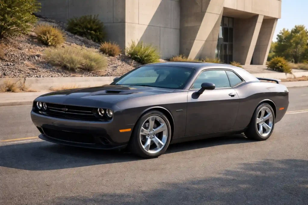 2015 Dodge Challenger SXT Front Three Quarter Left Parked by Modern Concrete Building 2015 Dodge Challenger SXT Front Three Quarter Left Parked by Modern Concrete Building